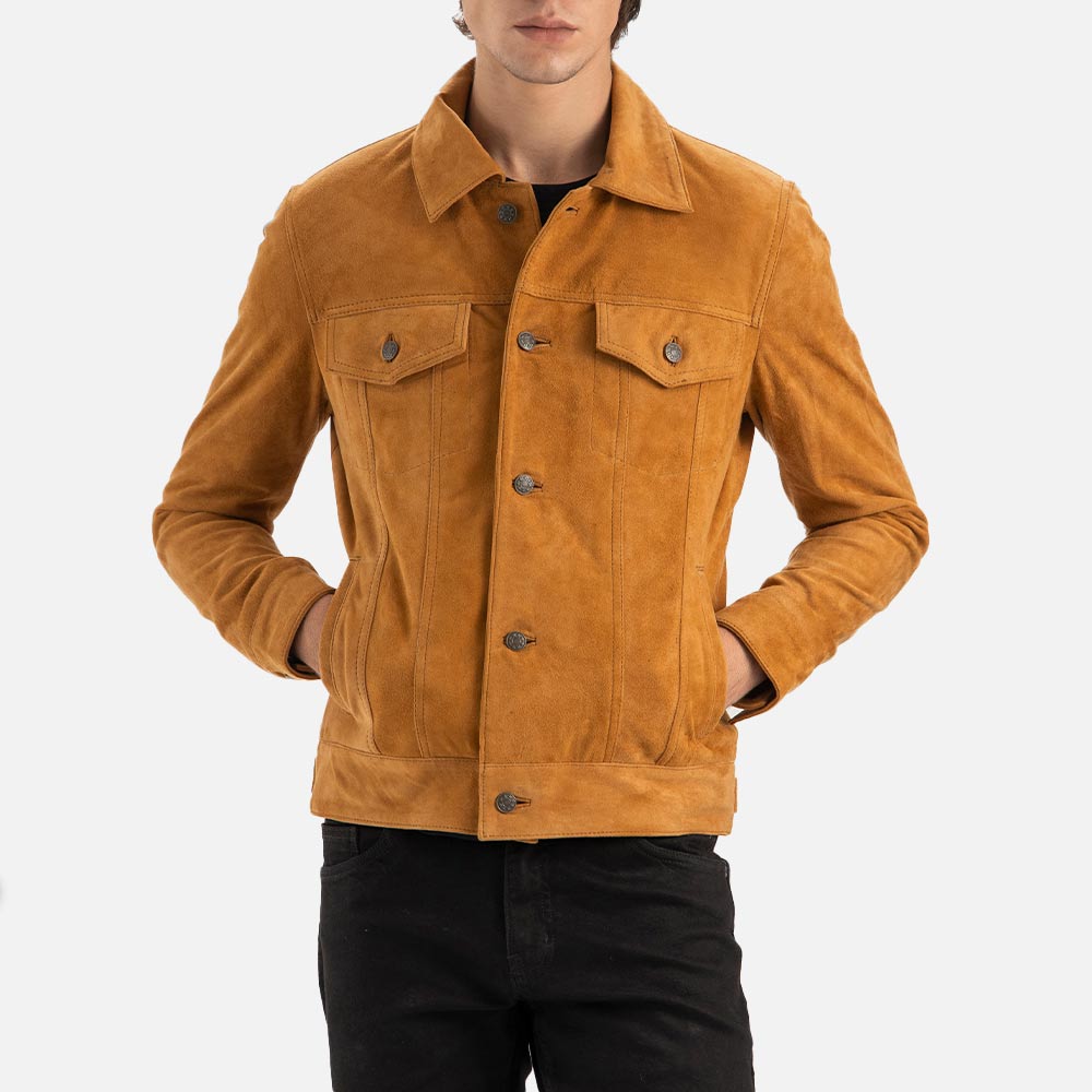 Napoli Tan Suede Leather Trucker Jacket both hand in pocket
