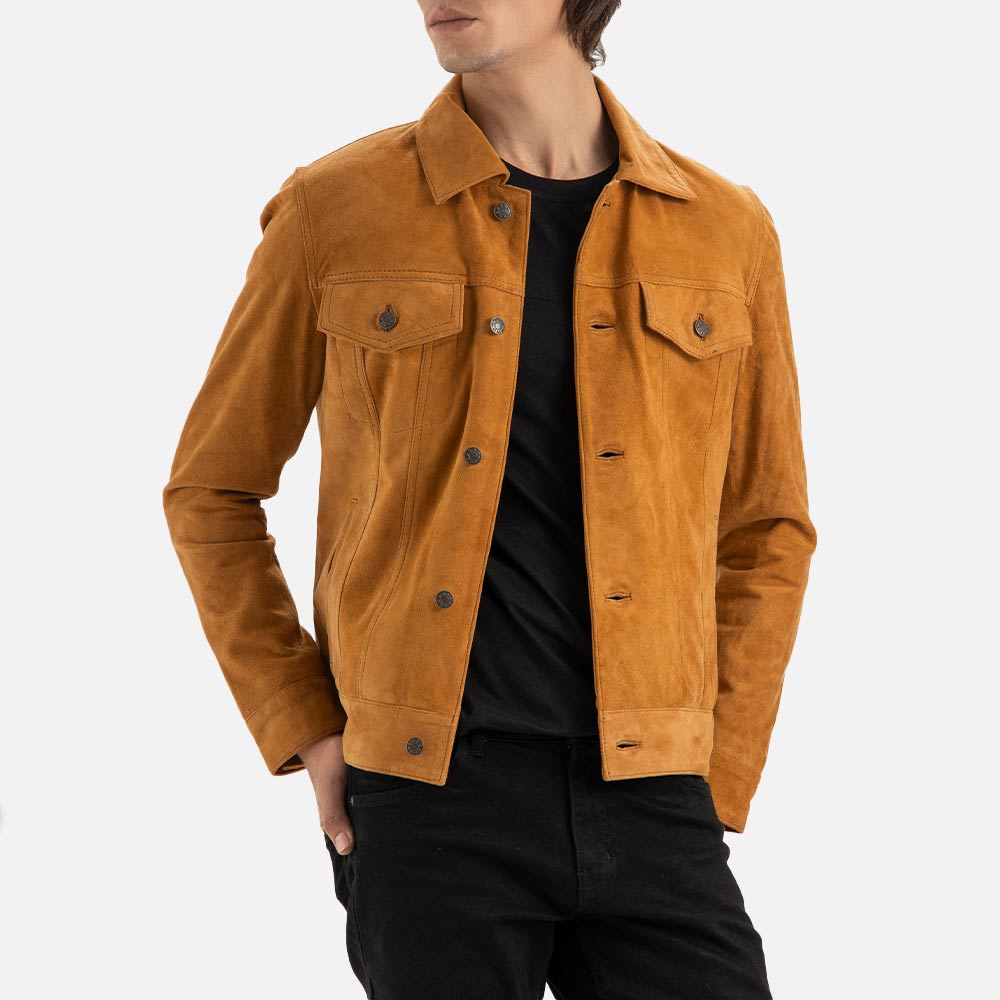 Napoli Tan Suede Leather Trucker Jacket both hand is back