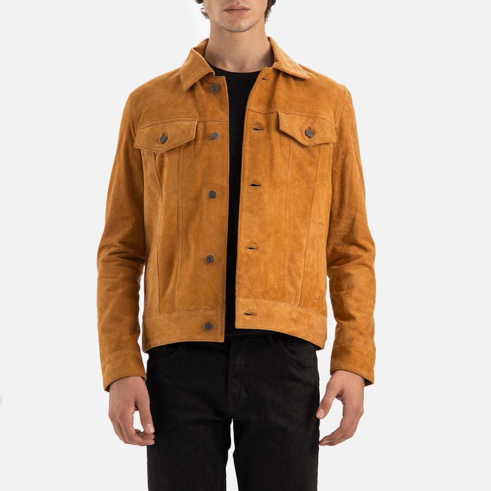 Napoli Tan Suede Leather Trucker Jacket front view