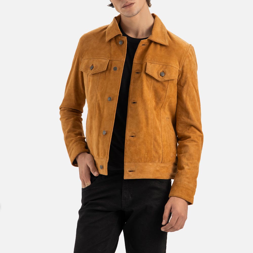 Napoli Tan Suede Leather Trucker Jacket front view dwith half face