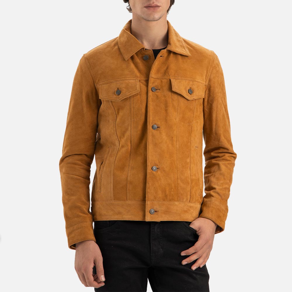 Napoli Tan Suede Leather Trucker Jacket front vieww
