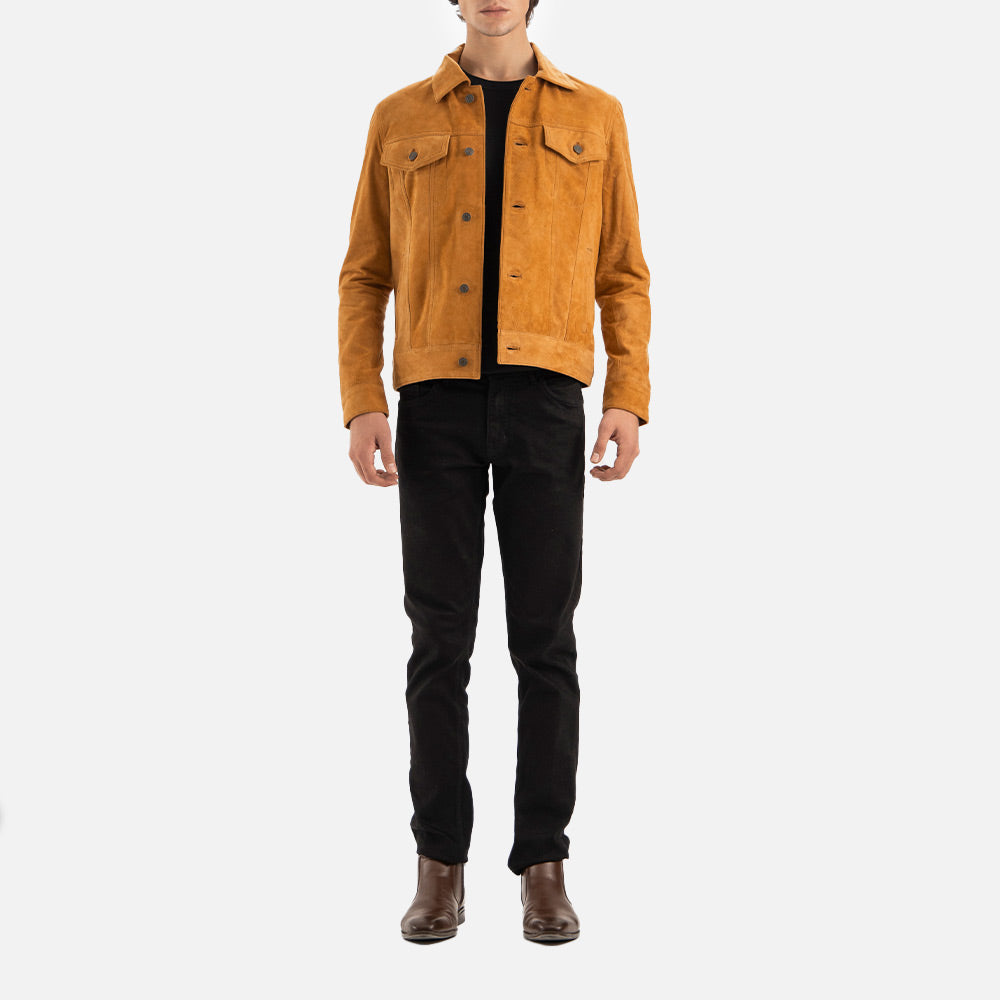 Napoli Tan Suede Leather Trucker Jacket full front view