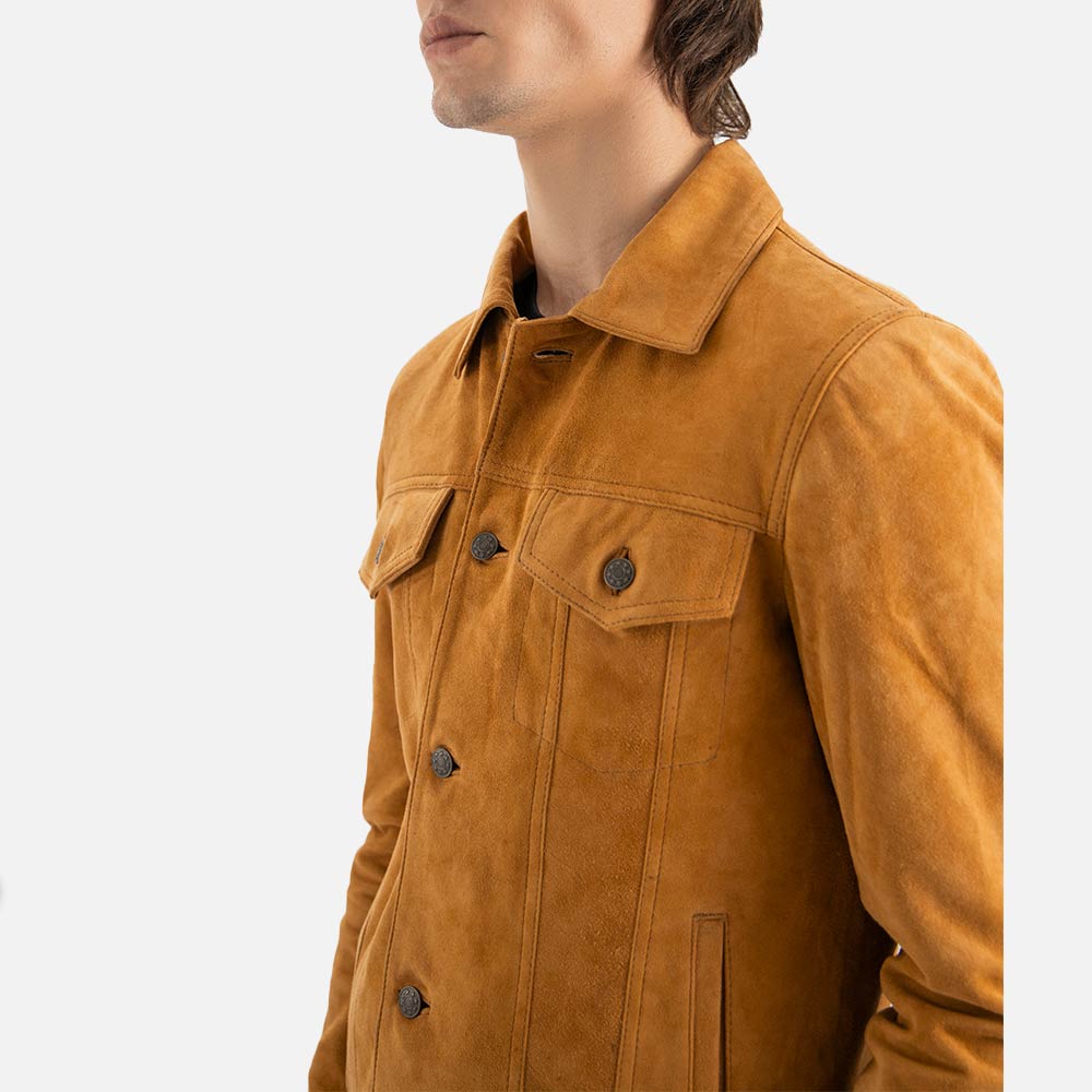 Napoli Tan Suede Leather Trucker Jacket half front 
