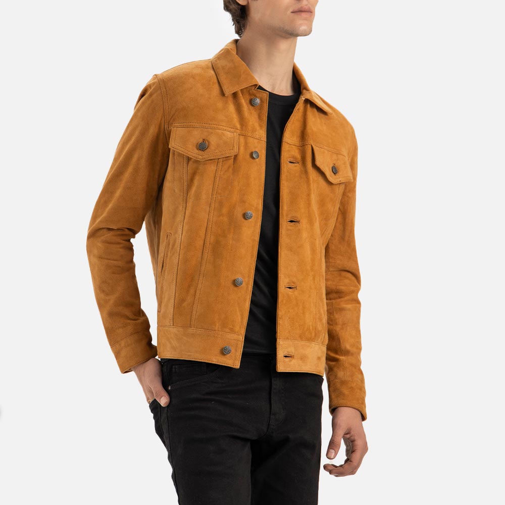 Napoli Tan Suede Leather Trucker Jacket right hand in back pocket
