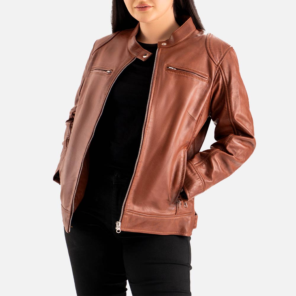 Nera Notte Brown Leather Biker Jacket  Open