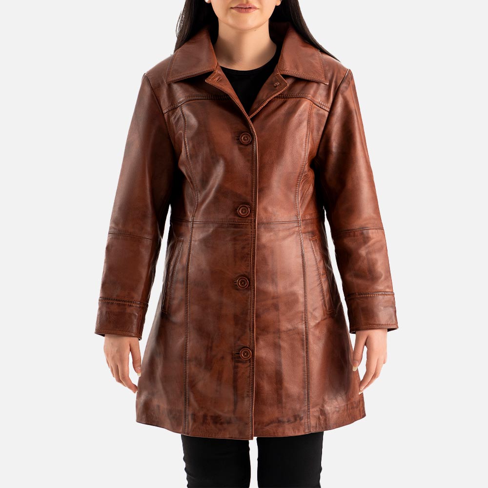 Noir di Roma Brown Single Breasted Leather Coat  Front Side 