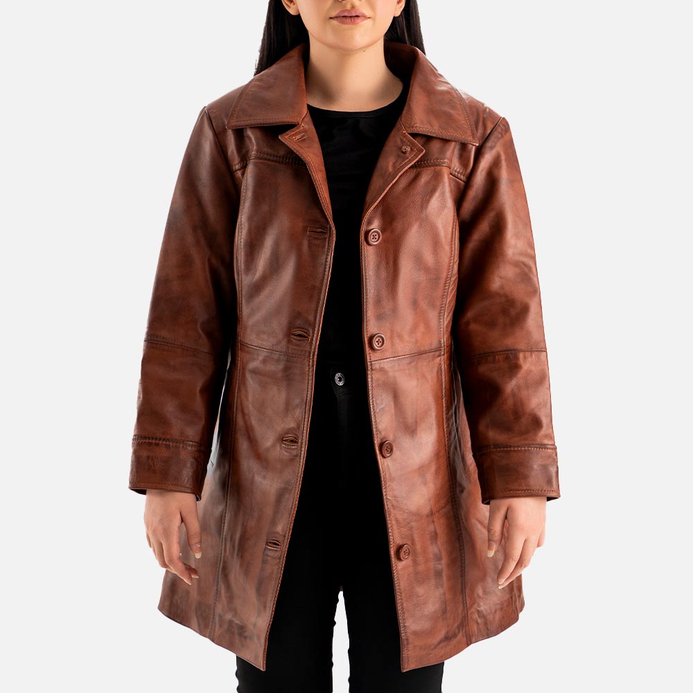 Noir di Roma Brown Single Breasted Leather Coat Frontt