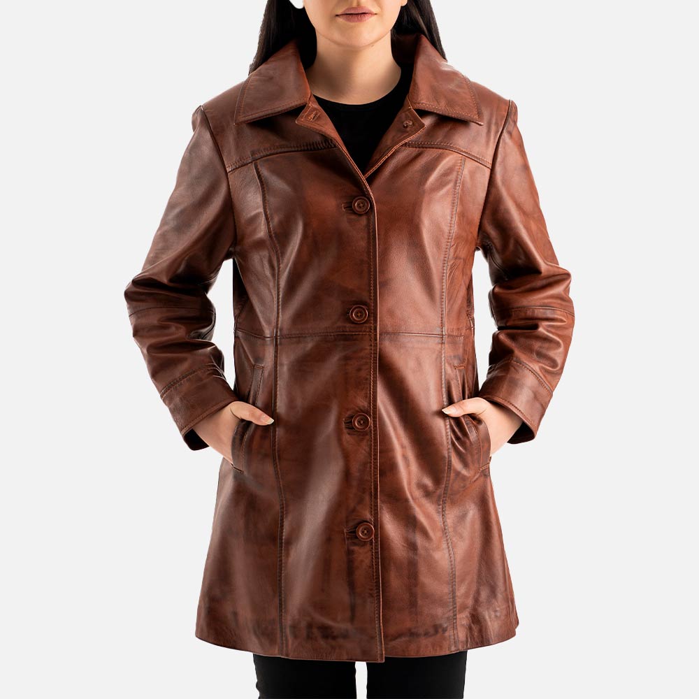 Noir di Roma Brown Single Breasted Leather Coat Fronttt