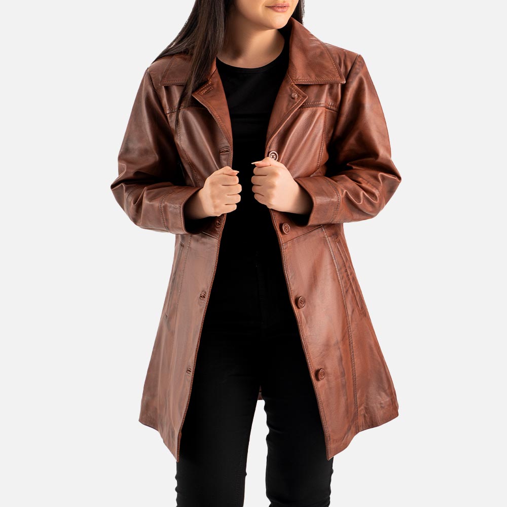 Noir di Roma Brown Single Breasted Leather Coat Half open