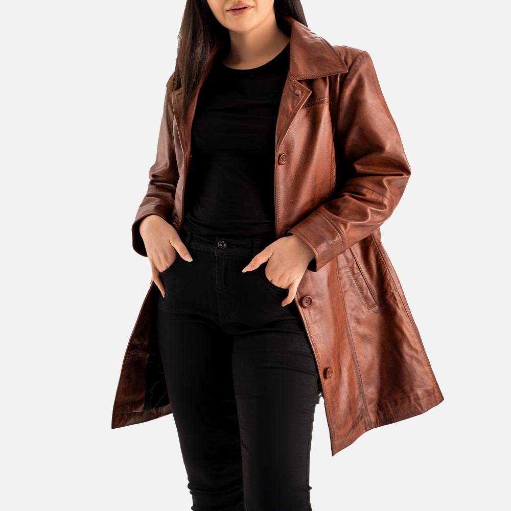 Noir di Roma Brown Single Breasted Leather Coat Openn