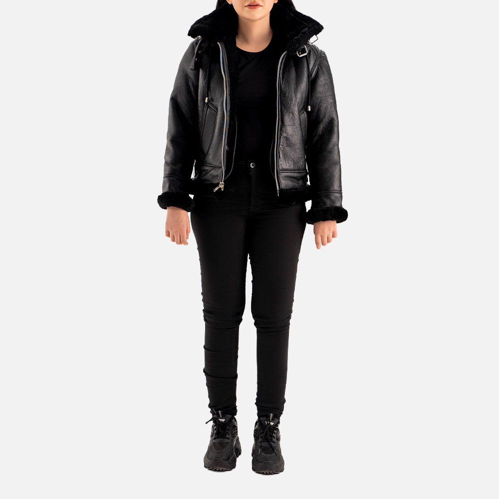 Nordica Black Hooded Real Shearling Bomber Jacket full Bodyy