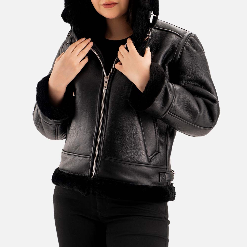 Nordica Black Hooded Real Shearling Bomber Jacket  half face