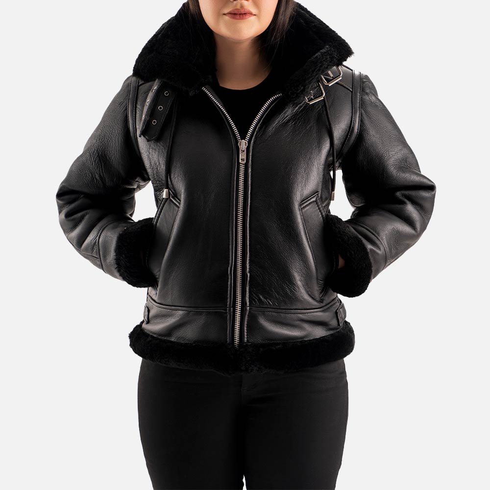Nordica Black Hooded Real Shearling Bomber Jacket  half facee