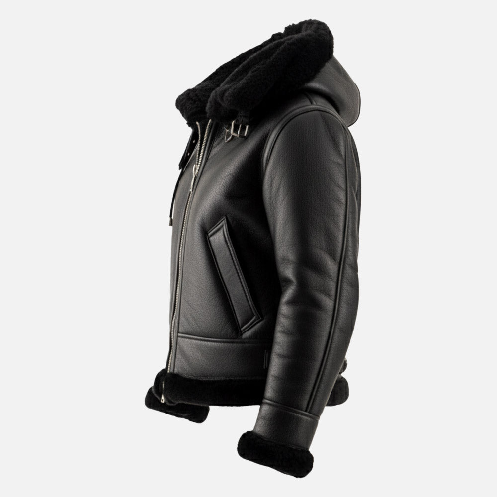 Nordica Black Hooded Real Shearling Bomber Jacket leftt