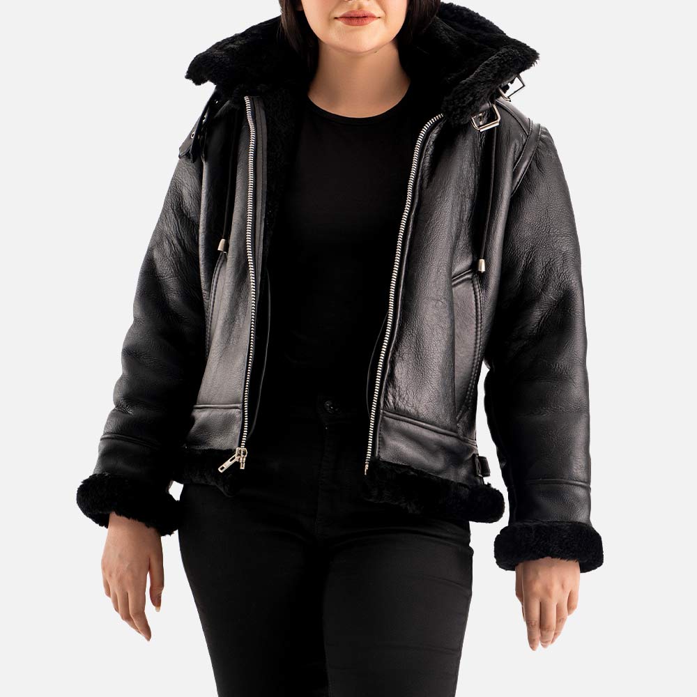 Nordica Black Hooded Real Shearling Bomber Jacket  openn