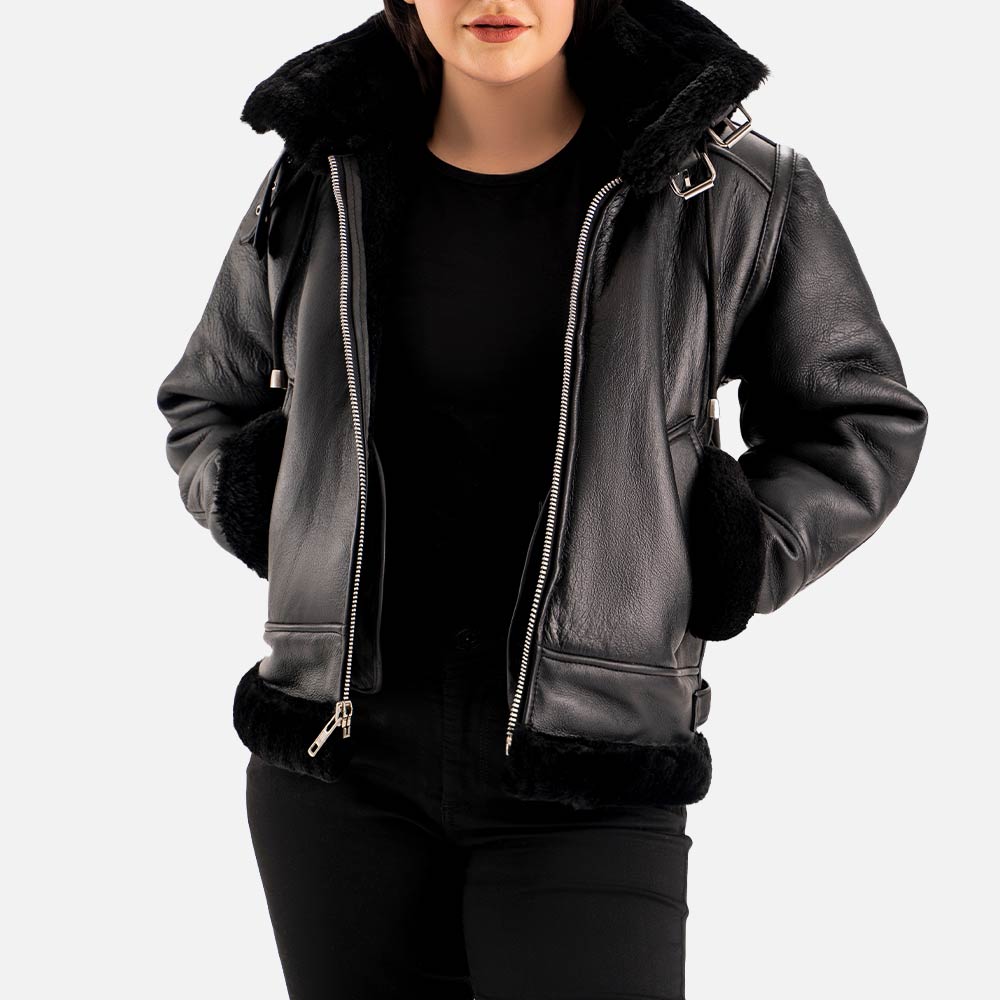 Nordica Black Hooded Real Shearling Bomber Jacket  openn frontt