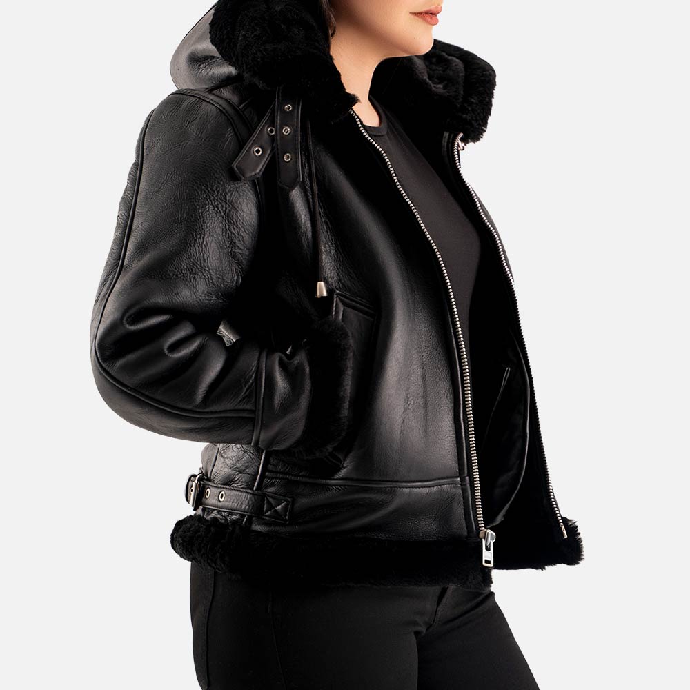 Nordica Black Hooded Real Shearling Bomber Jacket  right hand