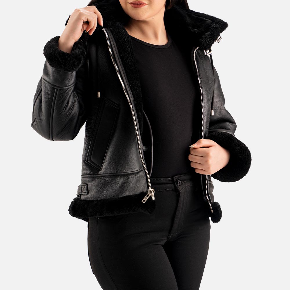 Nordica Black Hooded Real Shearling Bomber Jacket rightt