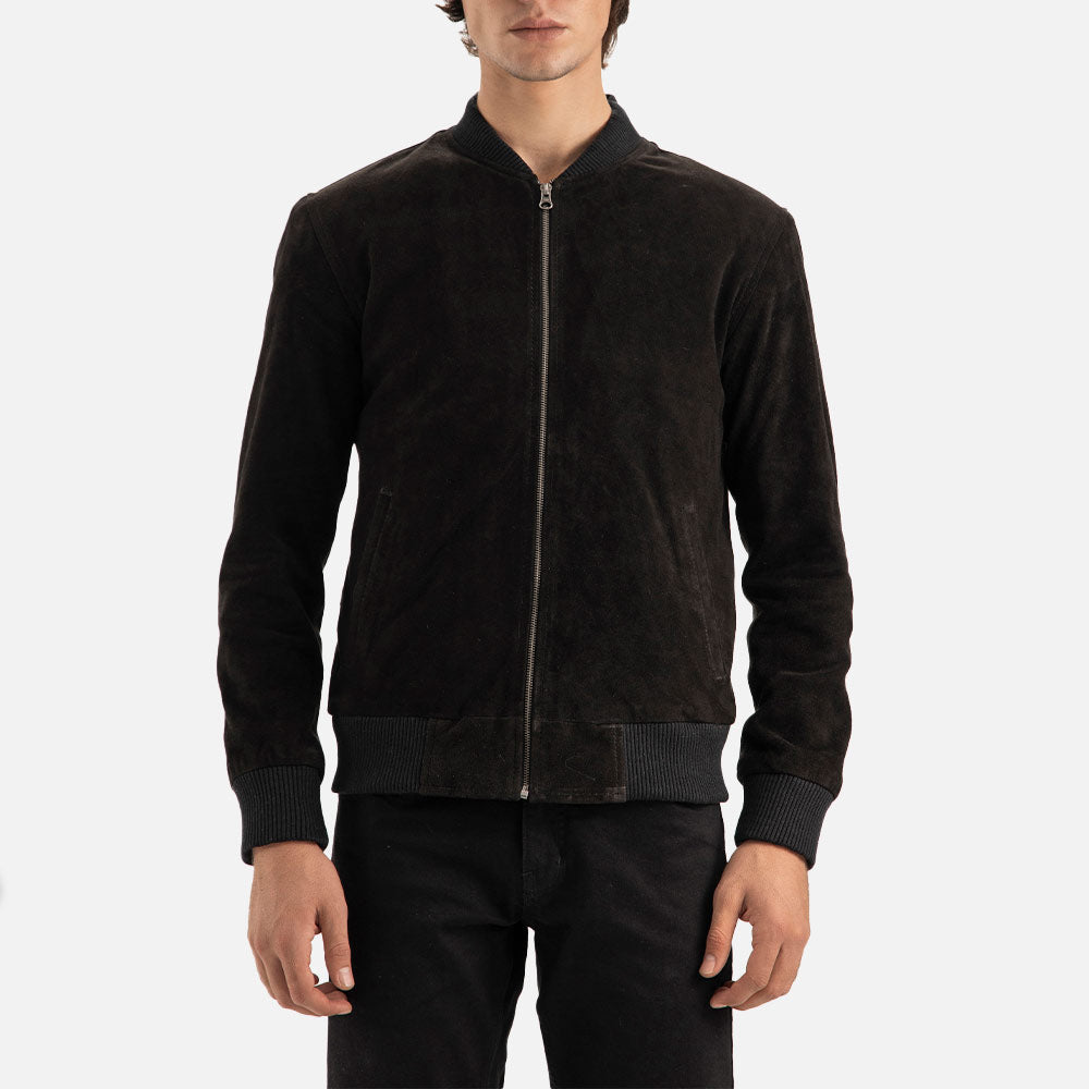 Ortisei Black Suede Bomber Jacket Frontt