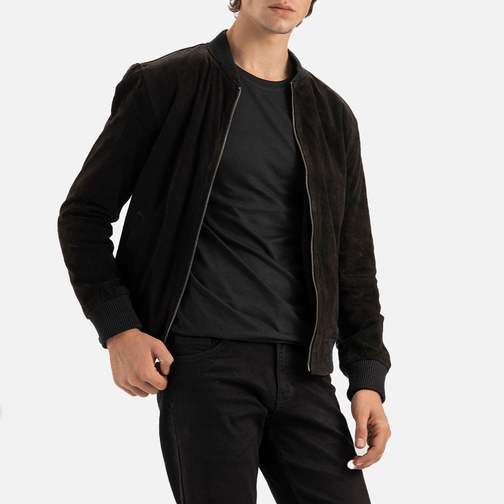 Ortisei Black Suede Bomber Jacket Open