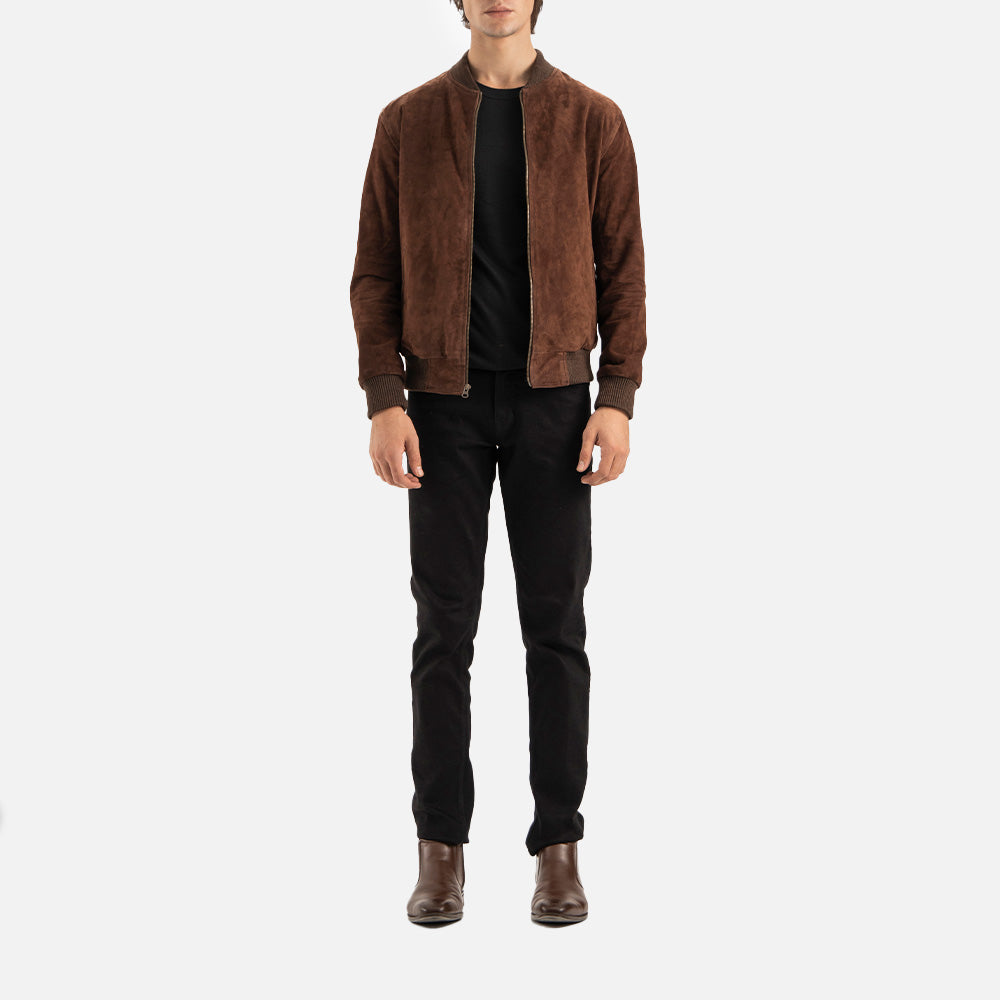 Ortisei Brown Suede Bomber Jacket full ody