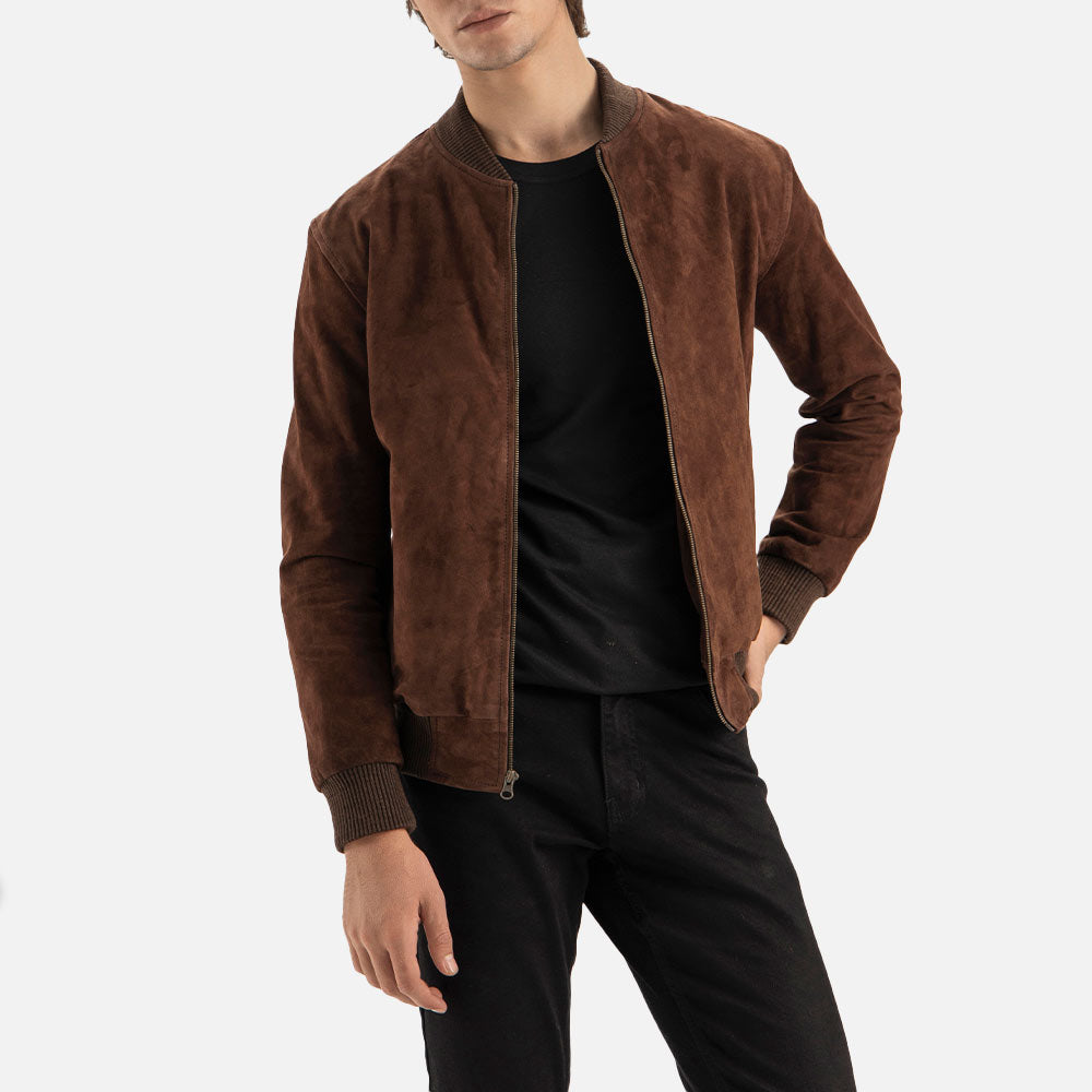 Ortisei Brown Suede Bomber Jacket open