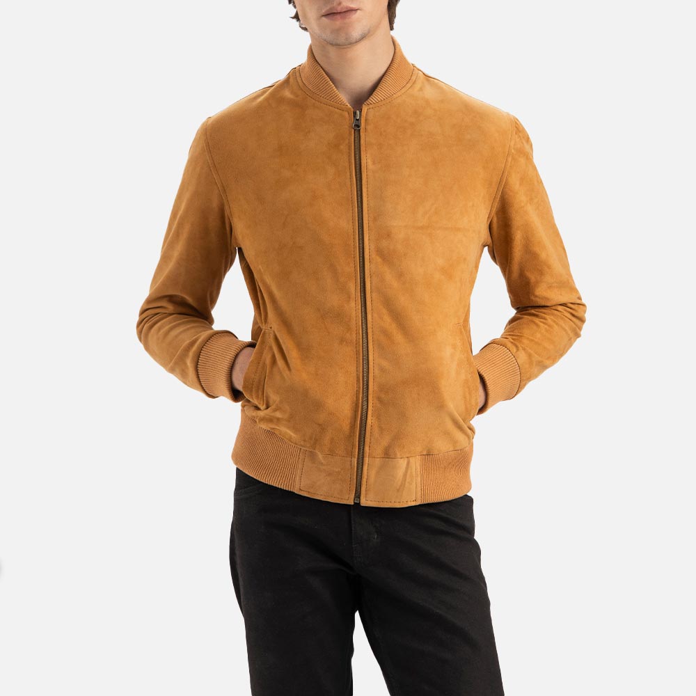 Ortisei Tan Suede Bomber Jacket both hand in pocket