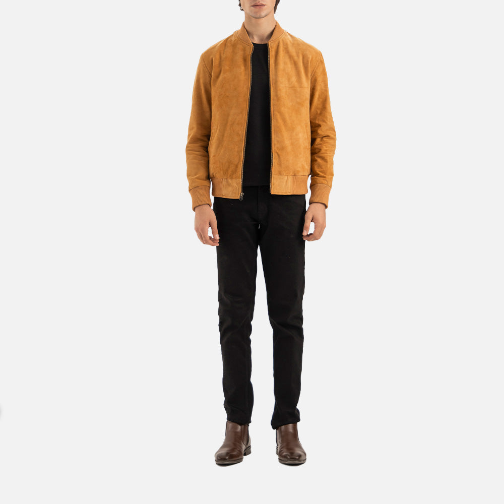 Ortisei Tan Suede Bomber Jacket full front view