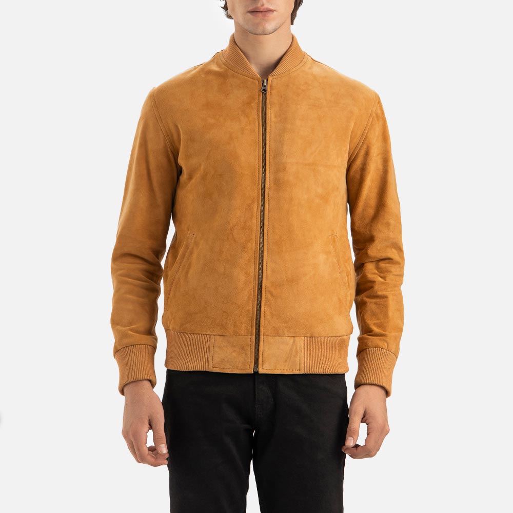 Ortisei Tan Suede Bomber Jacket half front view