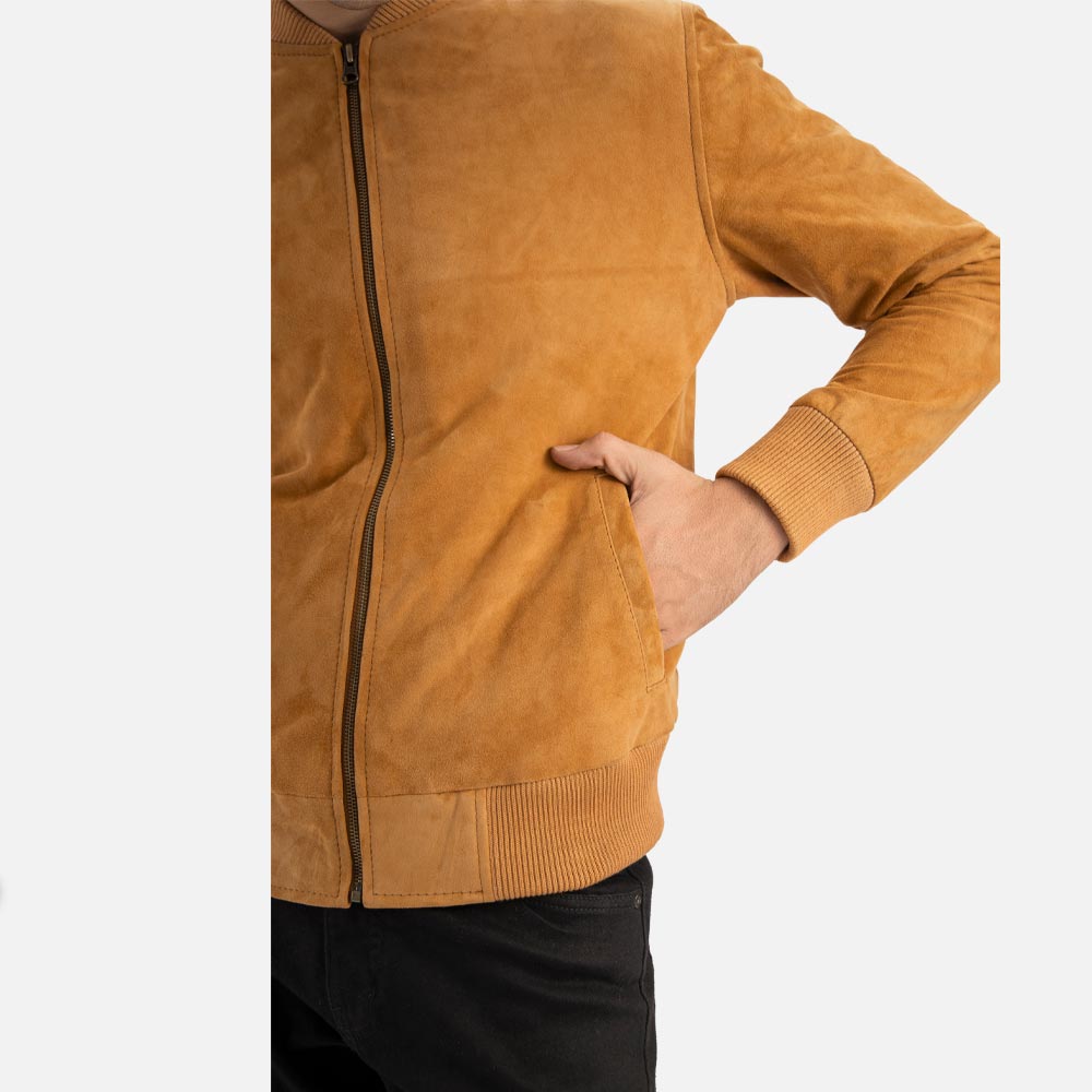 Ortisei Tan Suede Bomber Jacket left hand in pocket 