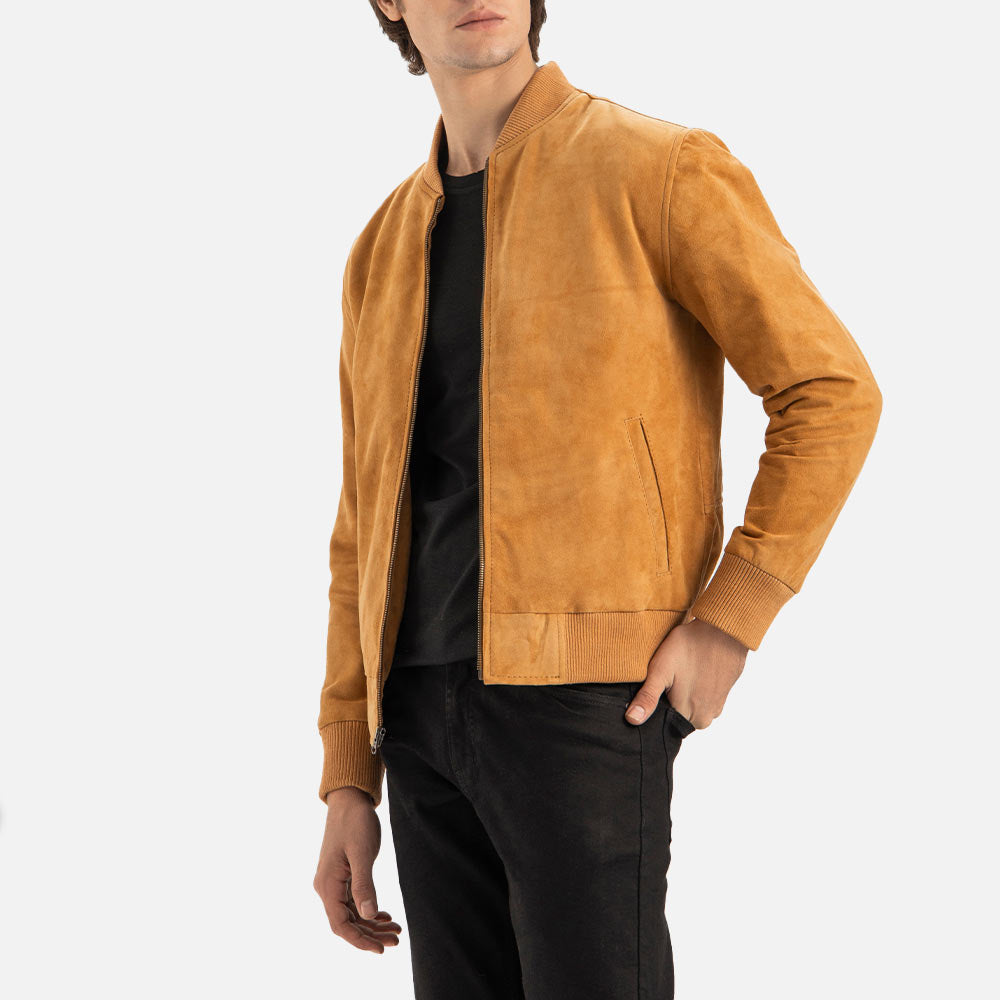 Ortisei Tan Suede Bomber Jacket left hand inpocket