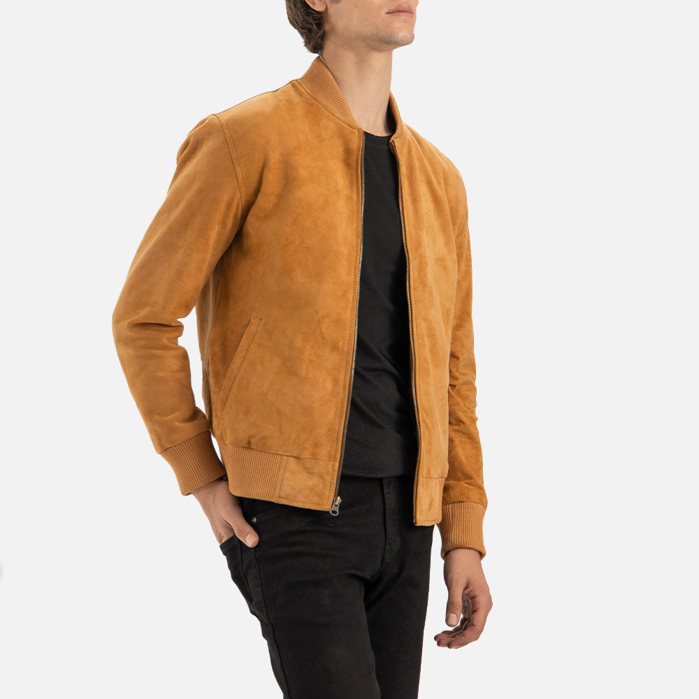Ortisei Tan Suede Bomber Jacket right hand in pocket