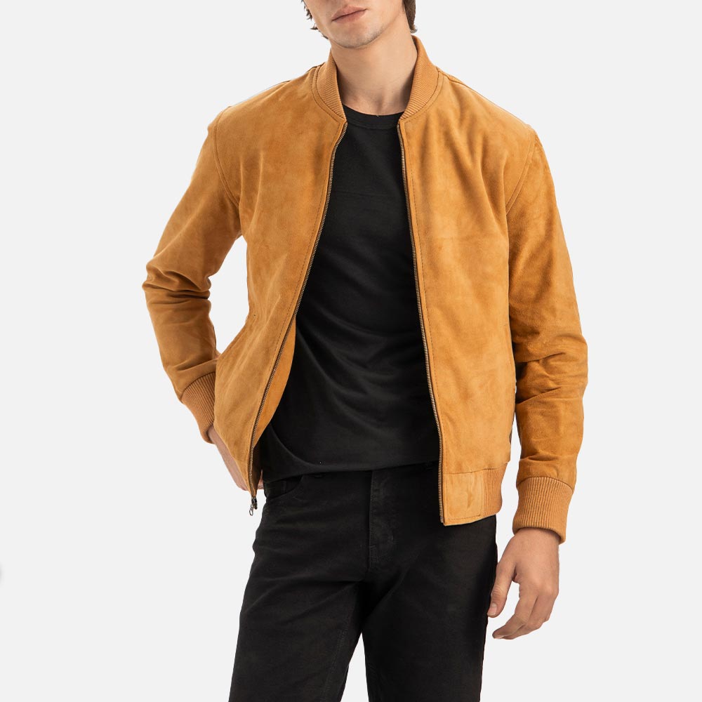 Ortisei Tan Suede Bomber Jacket rightt hand in pocket