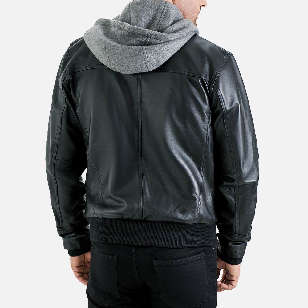 Palermo Black Hooded Leather Bomber Jacket  back view