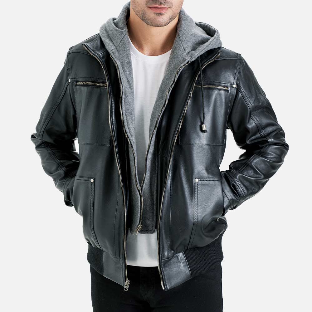 Palermo Black Hooded Leather Bomber Jacket  both hand in jacket