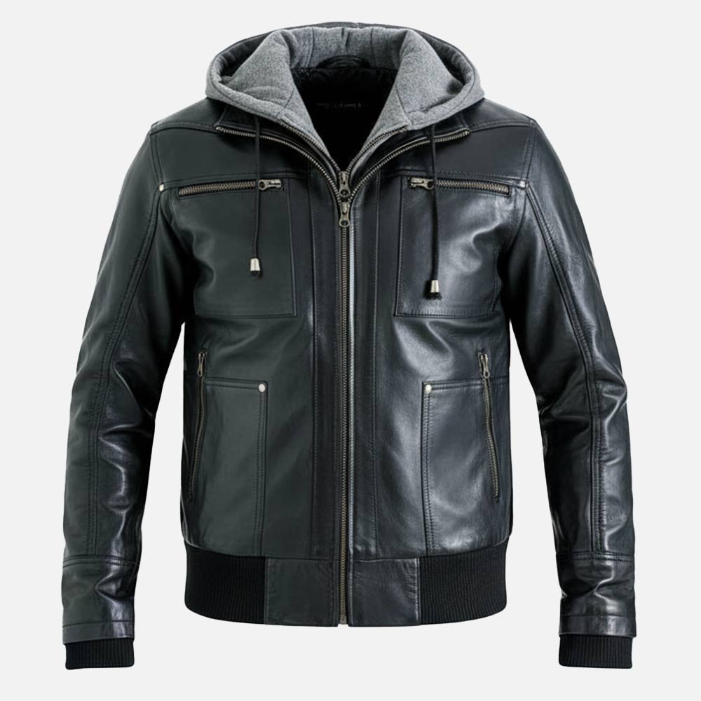 Palermo Black Hooded Leather Bomber Jacket front 