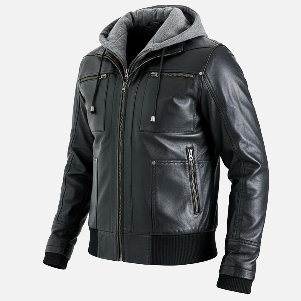 Palermo Black Hooded Leather Bomber Jacket front side