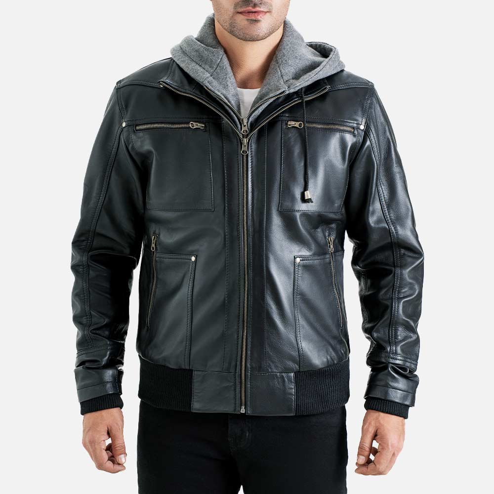 Palermo Black Hooded Leather Bomber Jacket  front view