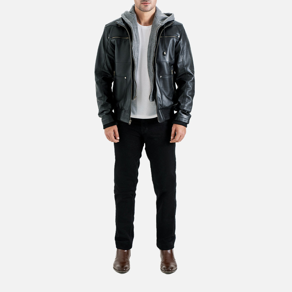 Palermo Black Hooded Leather Bomber Jacket full  body view