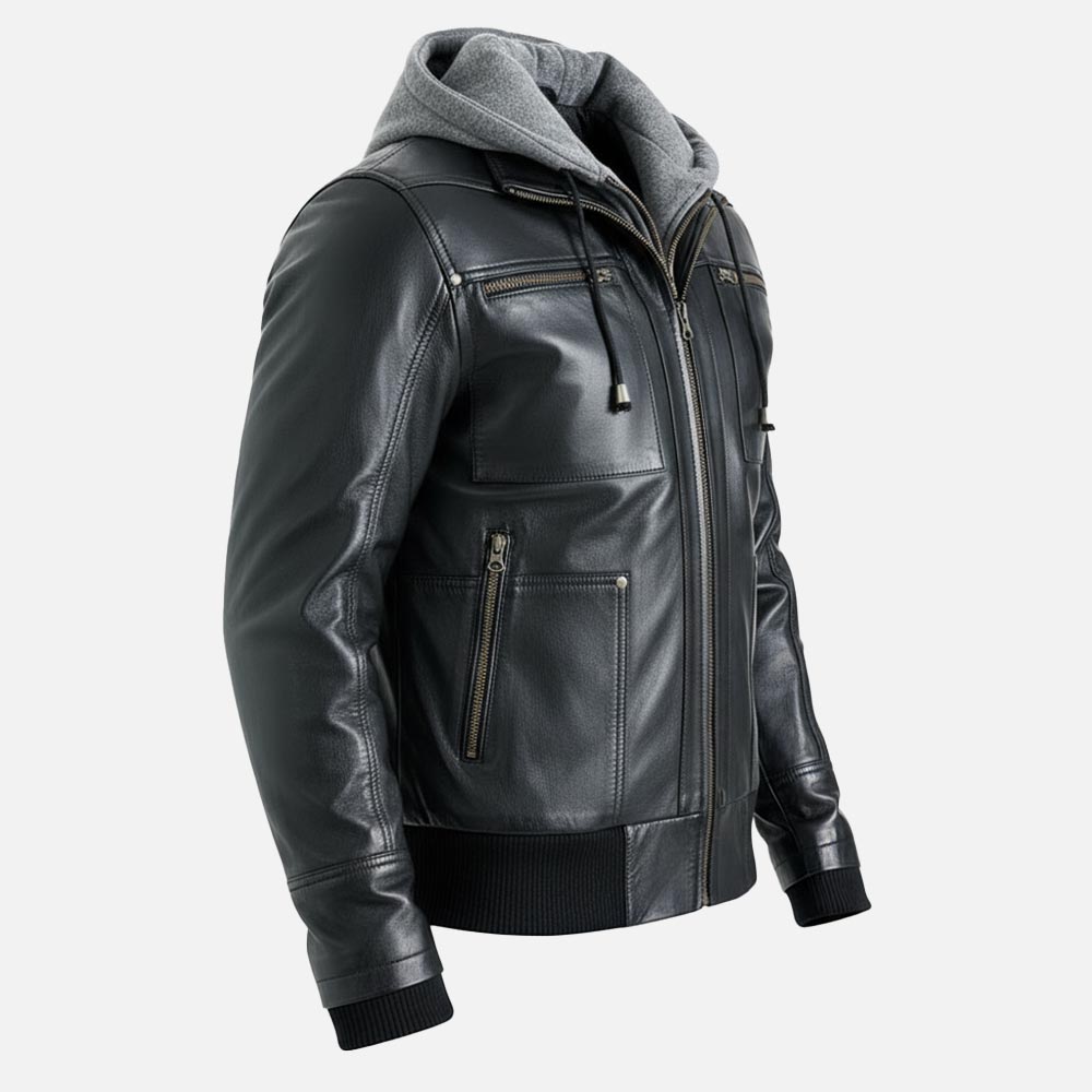 Palermo Black Hooded Leather Bomber Jacket right
