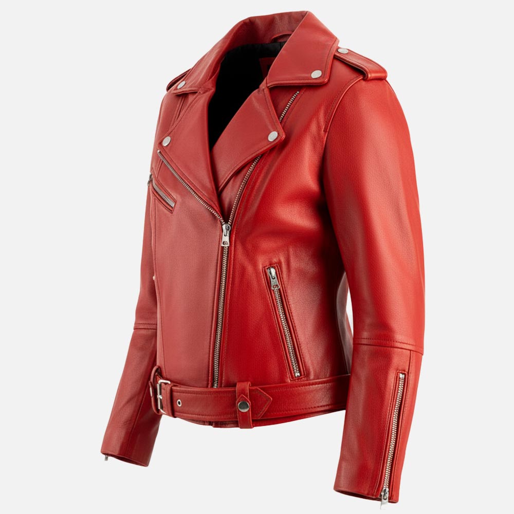 Pelle Rosa Red Leather Biker Jacke Left