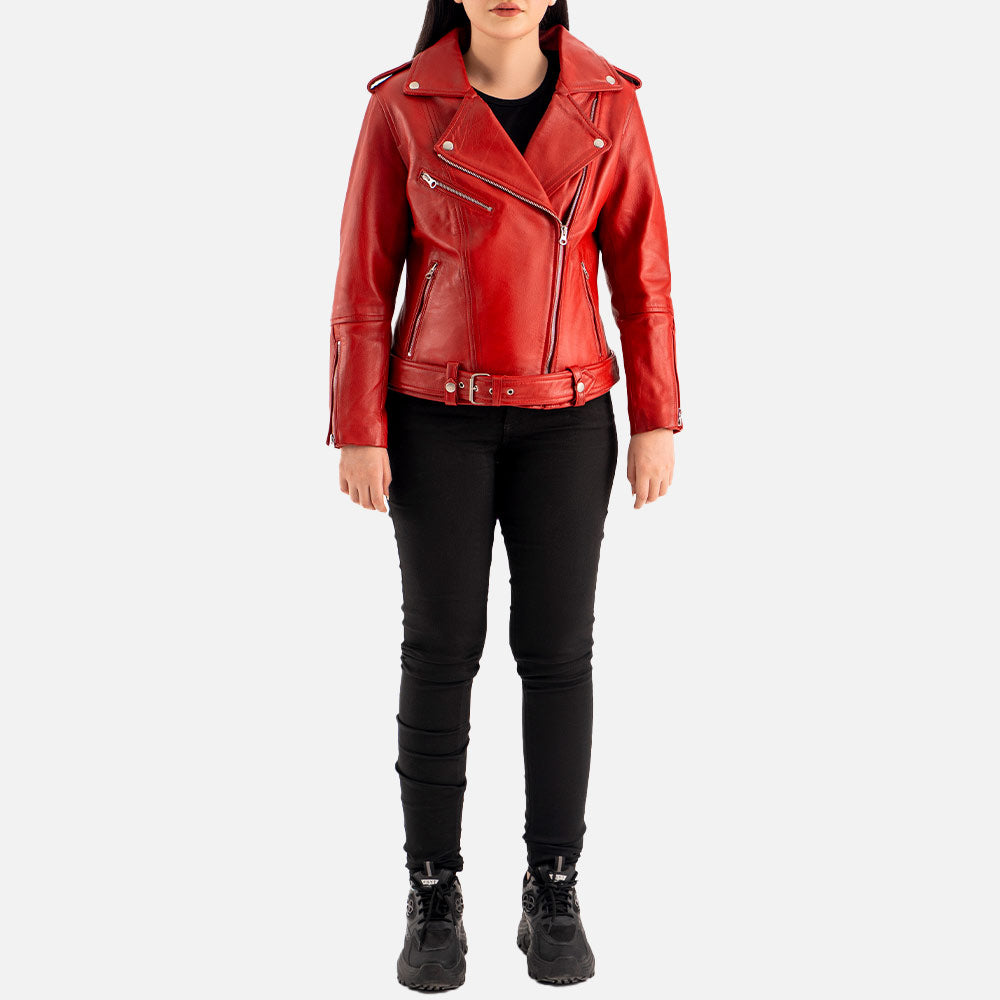 Pelle Rosa Red Leather Biker Jacket Full Bodyy