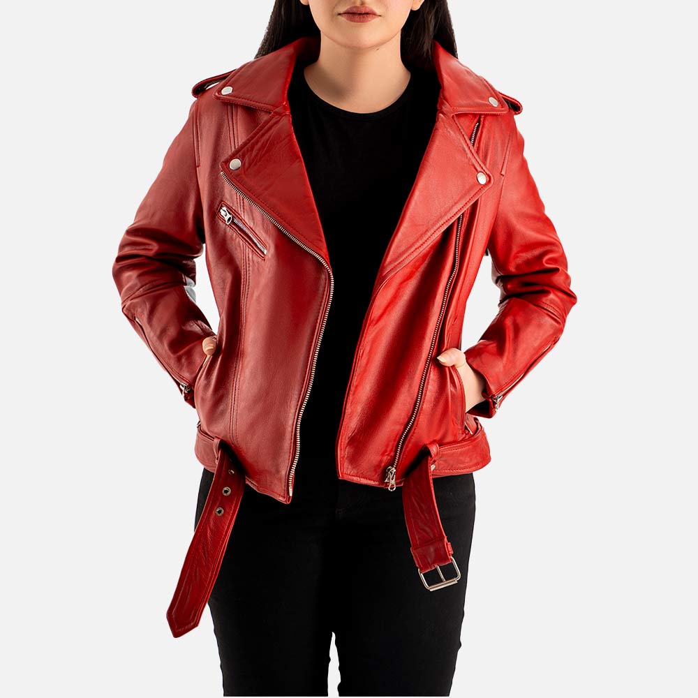 Pelle Rosa Red Leather Biker Jacket  Openn