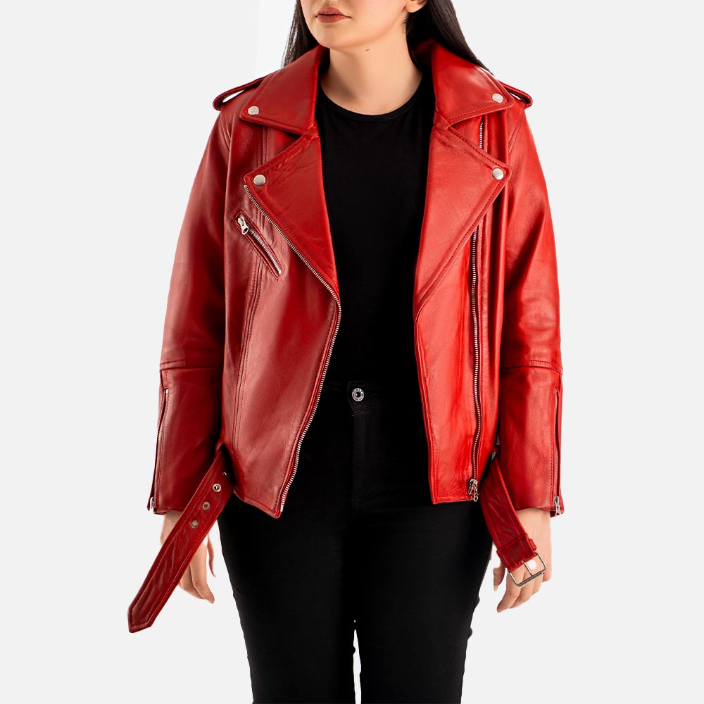 Pelle Rosa Red Leather Biker Jacket Opennn