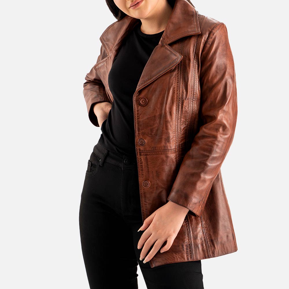Piuma Nera Brown Leather Trench Coat front open