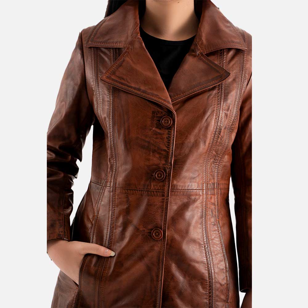 Piuma Nera Brown Leather Trench Coat frontt