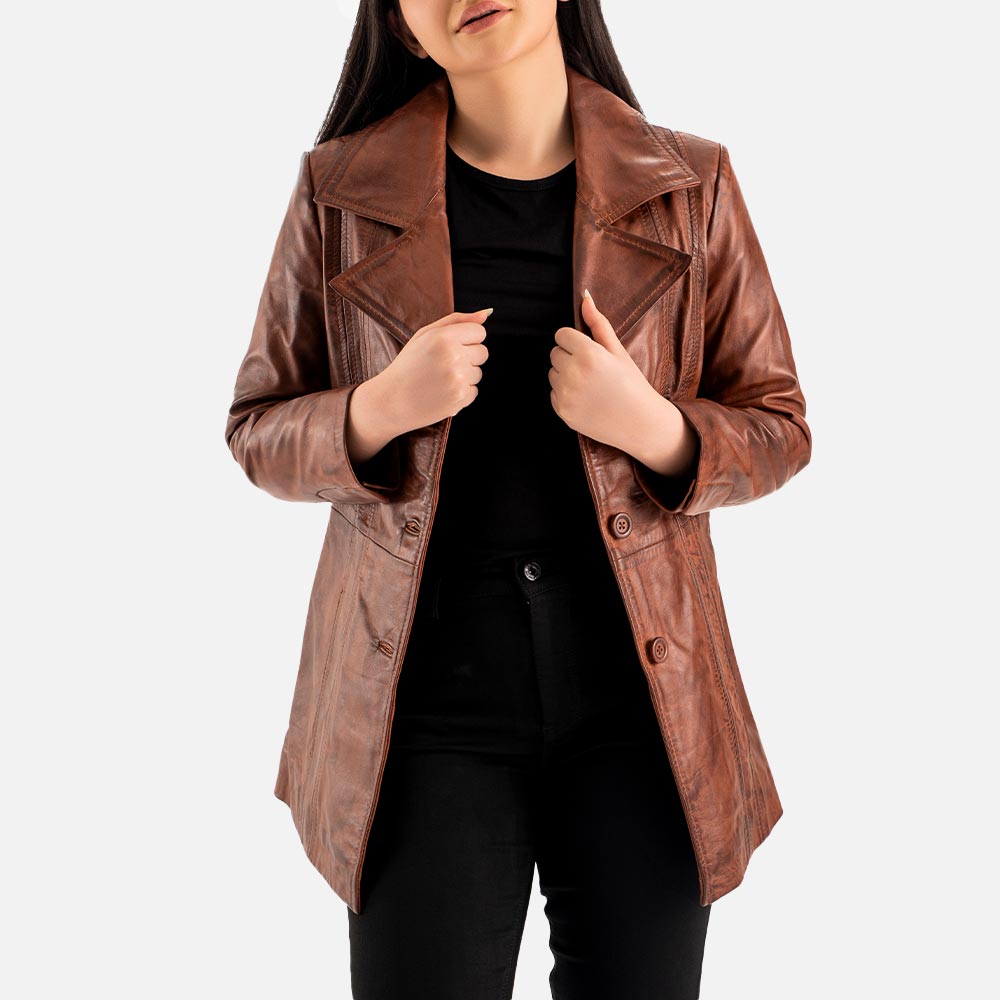 Piuma Nera Brown Leather Trench Coat open