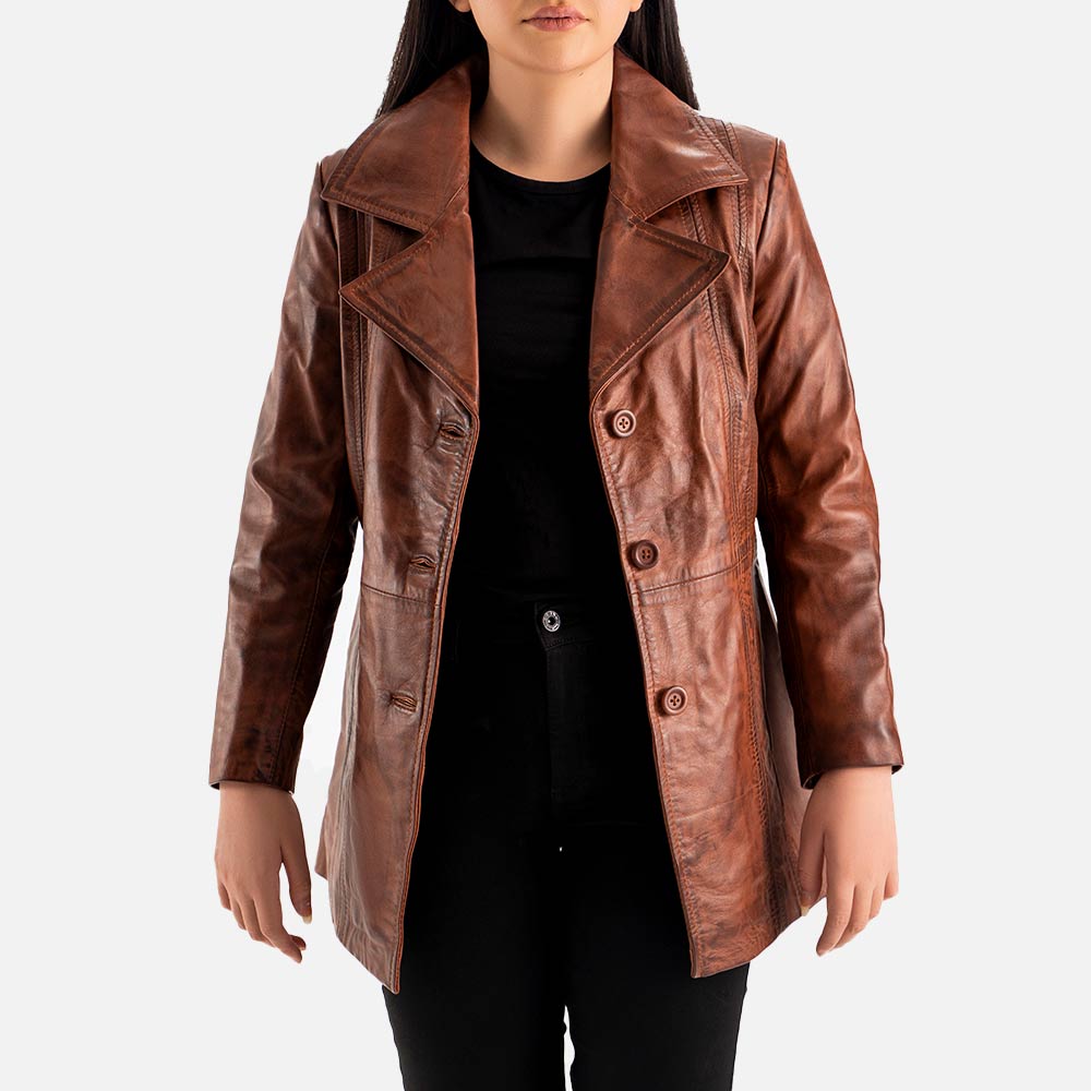 Piuma Nera Brown Leather Trench Coat  open face