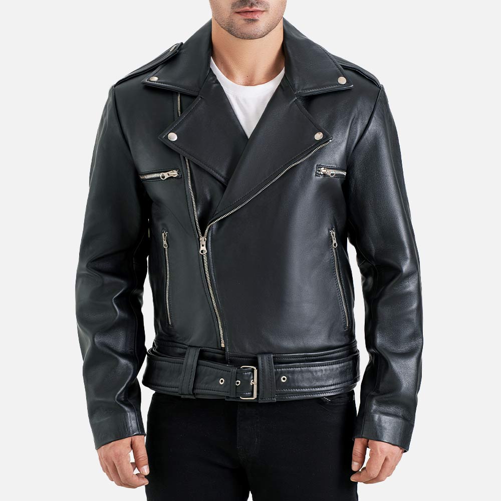 Positano Black Biker Leather Jacket front both hand