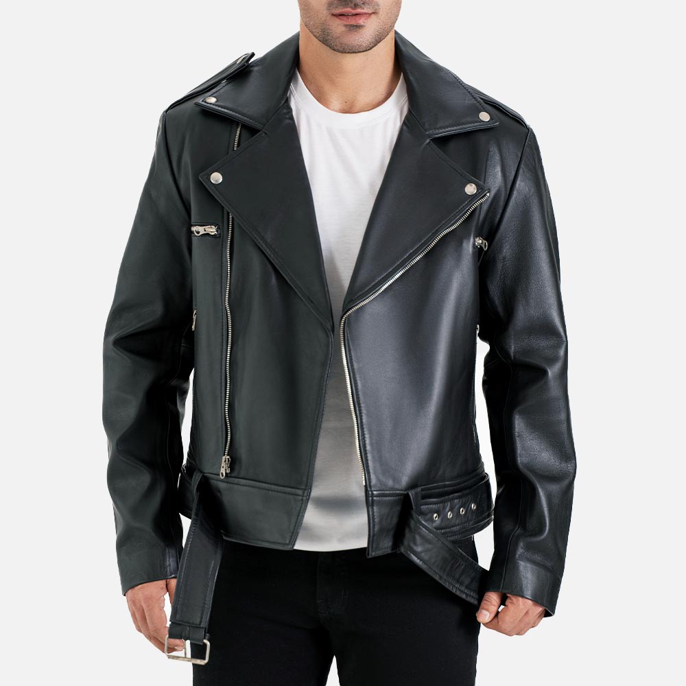 Positano Black Biker Leather Jacket front view wiht open